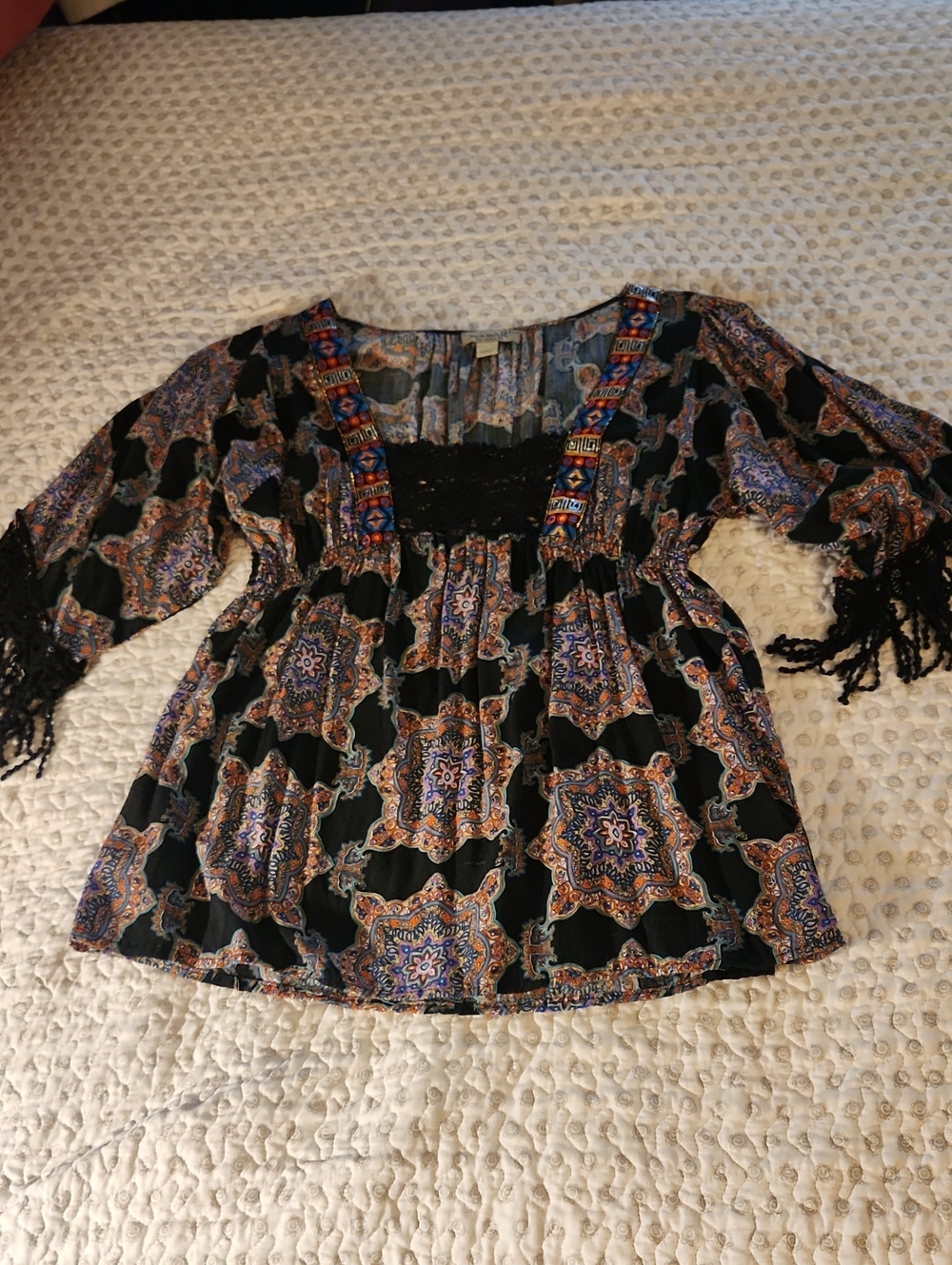 ONE WORLD Black Boho Medallion Tunic with Fringe